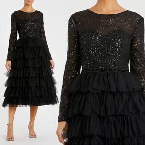Mac Duggal 26299 Size 14 Black Long Sleeve Ruffled Tulle Tiered Midi Party Dress